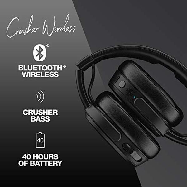 Skullcandy Crusher Wireless Bluetooth Headphones with Multi-Sensory Bass, Noise Isolating Over-Ear Fit, Up to 40 Hours Battery, Microphone for iPhone Android with Travel Bag - Blac