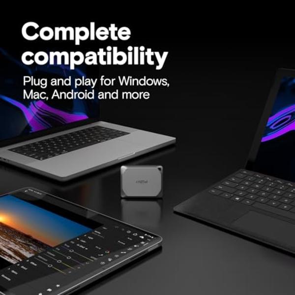 Crucial X9 Pro 2TB Portable SSD, Up to 1050MB/s Read & Write, 3.2 USB-C, External Solid State Drive, Durable Storage for PC & Mac, for Content Creators & Videogaphers, Silver - ‎CT