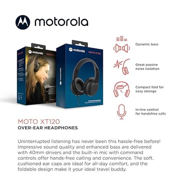Motorola Sound Moto XT120 Over Ear Headphones Wired with Microphone, in-Line Command Control for Calls - Foldable Wired Headphones with Adjustable Cushioned Headband, Dynamic Bass,