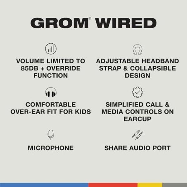 Skullcandy Grom Wired Headphones, Volume-Limiting Audio, Comfortable Over-Ear Fit, Foldable, Designed for Kids 6+, Convenient for Travel with 3.5mm Plug, Built-in Microphone - Surf