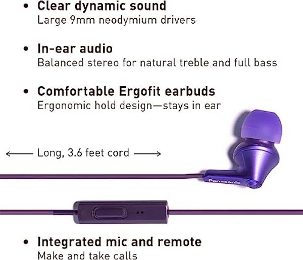 Panasonic ErgoFit Wired Earbuds With Microphone, 3.5mm Jack Headphones with Mic and Call Controller, Ergonomic Custom-Fit Earpieces (S/M/L), for Phones and Laptops - RP-TCM125-VA (