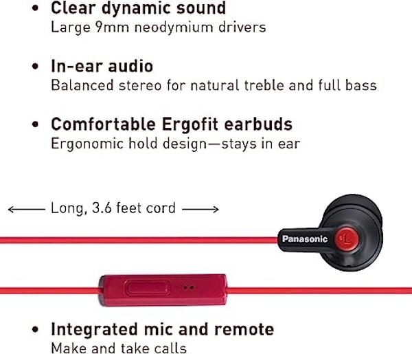 Panasonic ErgoFit Wired Earbuds With Microphone, 3.5mm Jack Headphones with Mic and Call Controller, Ergonomic Custom-Fit Earpieces (S/M/L), for Phones and Laptops - RP-TCM125-KB (