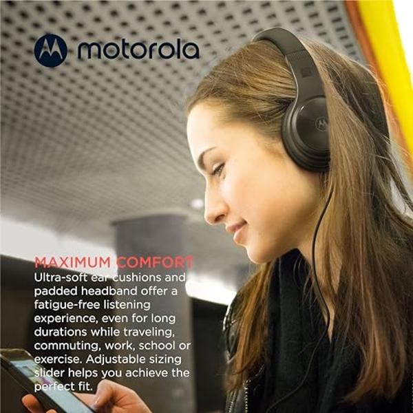 Motorola Sound Moto XT120 Over Ear Headphones Wired with Microphone, in-Line Command Control for Calls - Foldable Wired Headphones with Adjustable Cushioned Headband, Dynamic Bass,