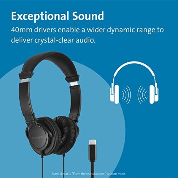 Kensington USB-C Hi-Fi Headphones, On-ear Headphone for Kids, for School, for Adults, Padded Adjustable Headband, 6 ft Cord (K97456WW),Black