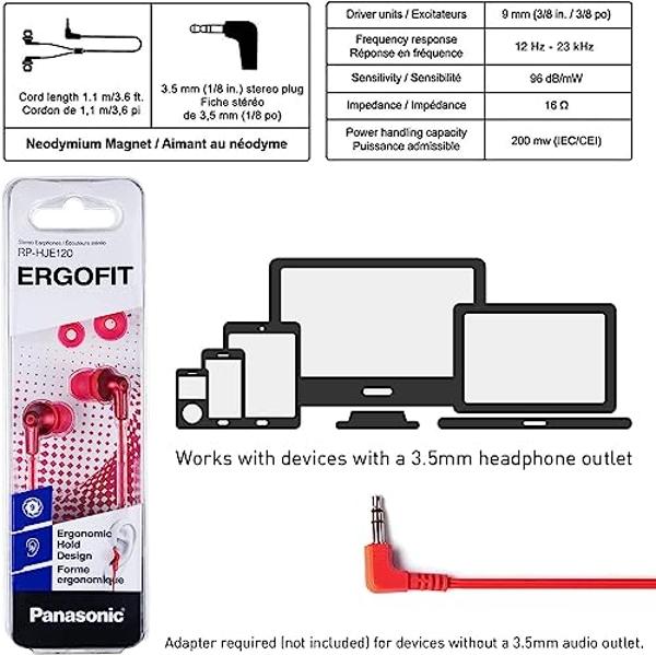 Panasonic ErgoFit Wired Earbuds, 3.5mm Jack in-Ear Headphones with Dynamic Crystal-Clear Sound and Soft Ergonomic Custom-Fit Earpieces (S/M/L), for Phones and Laptops - RP-HJE120-R