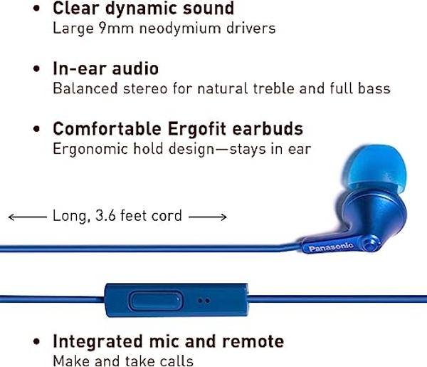 Panasonic ErgoFit Wired Earbuds with Microphone, 3.5mm Jack Headphones with Mic and Call Controller, Ergonomic Custom-Fit Earpieces (S/M/L), for Phones and Laptops - RP-TCM125-AA (