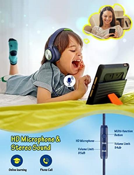 Kids Headphones with Cord , Wired Over Ear Headsets with Microphone Limited Volume 85dB/ 94dB, Portable Wired Headphones for Kids Boys Girls Teens Children Online School/Travel/iPa