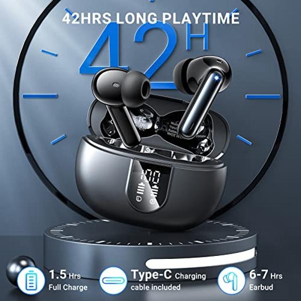 Wireless Earbuds, 2024 Wireless Headphones HiFi Stereo Earphones with 4 ENC Noise Canceling Mic, 42Hs Playtime In Ear Earbud, Bluetooth 5.3 Sport Earphones with LED Power Display f