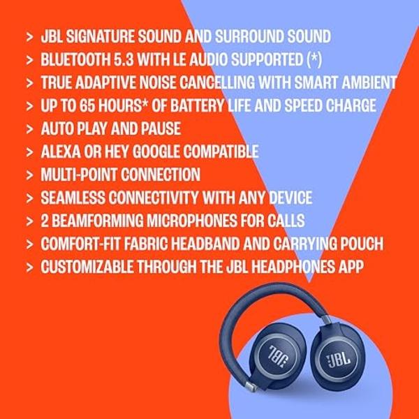 JBL Live 770NC - Wireless Over-Ear Headphones with True Adaptive Noise Cancelling with Smart Ambient, Up to 65 Hours of Battery Life, Comfort-fit Fabric Headband & Carrying Pouch (
