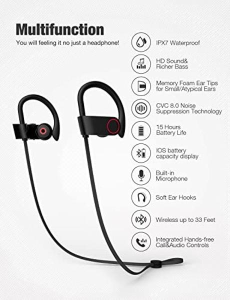 Bluetooth Headphones,Wireless Earbuds IPX7 Waterproof Sports Earphones with Mic HD Stereo Sweatproof in-Ear Earbuds Gym Running Workout 8 Hour Battery Noise Cancelling Headsets