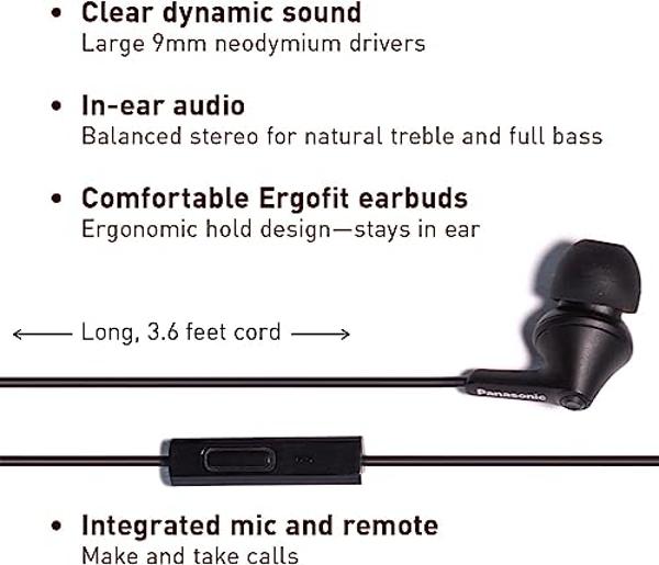 Panasonic ErgoFit Wired Earbuds With Microphone, 3.5mm Jack Wired Headphones with Mic and Call Controller, Ergonomic Custom-Fit Earpieces (S/M/L), for Phones and Laptops - RP-TCM12