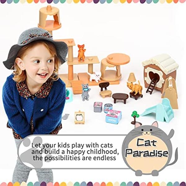 TQQFUN 43-Piece Cat Figurine Playset - Realistic Pet Care Center Role Play Toys for Kids, Toddlers, Boys and Girls