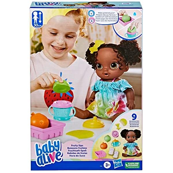 Baby Alive Fruity Sips Doll, Lime, Toys for 3 Year Old Girls, 12-inch Baby Doll Set, Drinks & Wets, Pretend Juicer, Kids 3 and Up, Black Hair