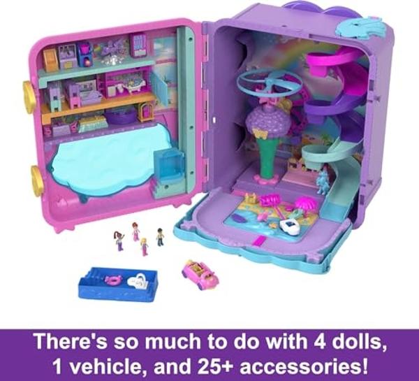 Polly Pocket Pollyville Playset, Resort Rollaway Suitcase, Large Travel Toy with 4 Dolls, Car, 25+ Accessories & Storage