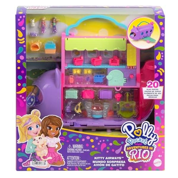 Polly Pocket Dolls and Playset, Kitty Airways Airplane, Travel Toy with 2 Micro Dolls and Pet, Spinning Stage and Accessories (Amazon Exclusive)