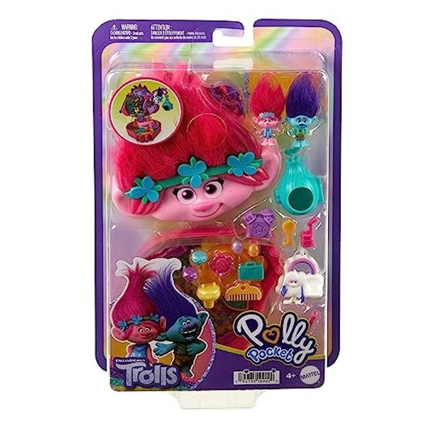 Polly Pocket Trolls Compact Playset with 2 Micro Dolls &13 Accessories, Poppy Exterior with Soft Hair, Collectible Toy Includes Poppy & Branch
