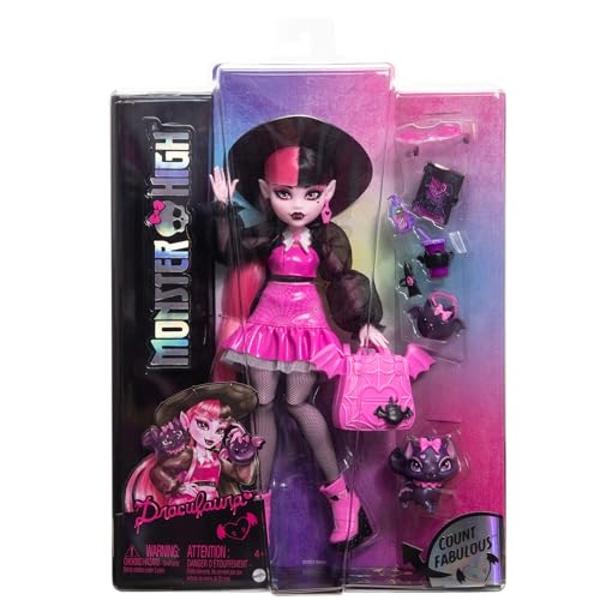 Monster High Draculaura Doll with Pet Bat-Cat Count Fabulous & Accessories Like Backpack, Spell Book, Bento Box & More