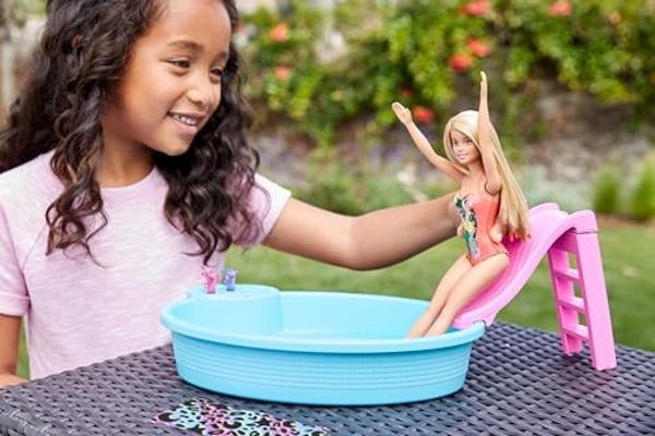 Barbie Doll & Pool Playset with Pink Slide, Beverage Accessories & Towel, Blonde Fashion Doll in Tropical Swimsuit
