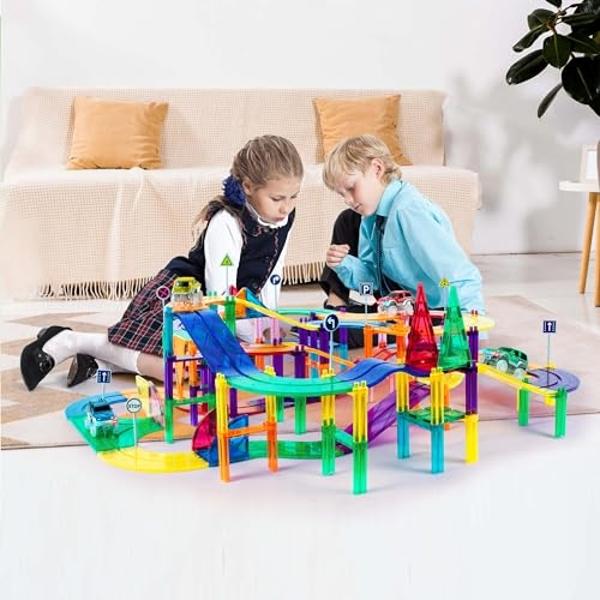 PicassoTiles 150 Piece Race Car Track Building Block Educational Toy Set Magnet Tile Magnetic Blocks Playset 4 Cars Early STEM Learning Construction Kit Hand-Eye Fine Motor Skill B