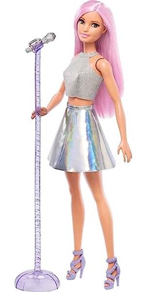 Barbie Careers Fashion Doll & Accessory, Pop Star with Pink Hair & Brown Eyes Wearing Iridescent Skirt with Microphone