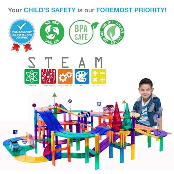 PicassoTiles 150 Piece Race Car Track Building Block Educational Toy Set Magnet Tile Magnetic Blocks Playset 4 Cars Early STEM Learning Construction Kit Hand-Eye Fine Motor Skill B