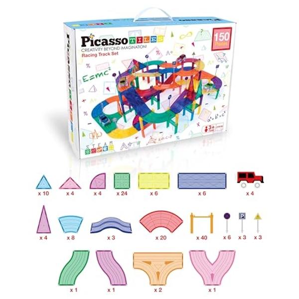 PicassoTiles 150 Piece Race Car Track Building Block Educational Toy Set Magnet Tile Magnetic Blocks Playset 4 Cars Early STEM Learning Construction Kit Hand-Eye Fine Motor Skill B