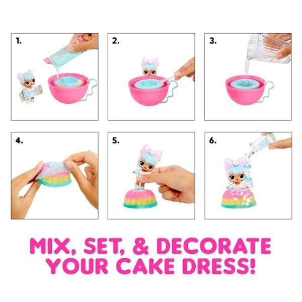 LOL Surprise Mix & Make Birthday Cake Tots with Collectible Doll, DIY Cake Dress, Cake Making and Decorating, Ingredients and Glitter Sprinkles, Cake Dress Doll- Great Gift for Gir