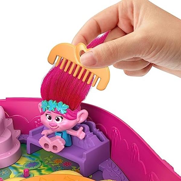 Polly Pocket Trolls Compact Playset with 2 Micro Dolls &13 Accessories, Poppy Exterior with Soft Hair, Collectible Toy Includes Poppy & Branch