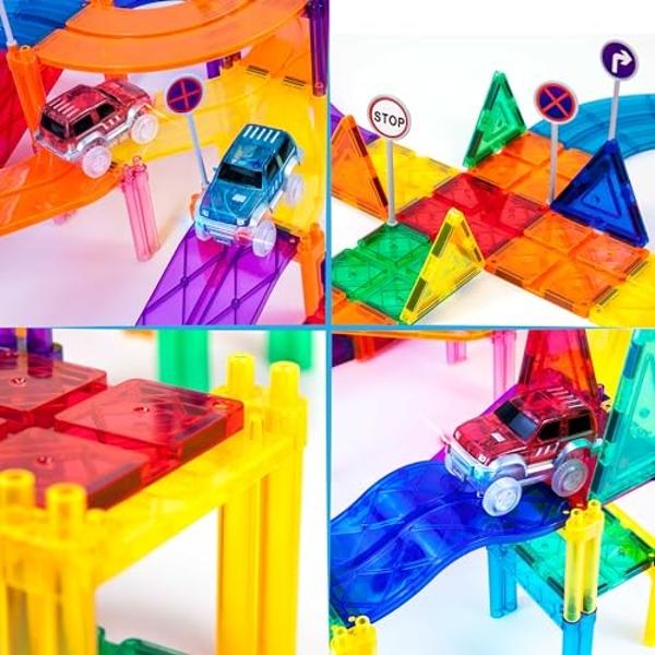 PicassoTiles 150 Piece Race Car Track Building Block Educational Toy Set Magnet Tile Magnetic Blocks Playset 4 Cars Early STEM Learning Construction Kit Hand-Eye Fine Motor Skill B