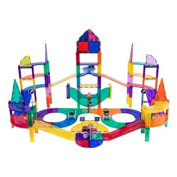 PicassoTiles 150 Piece Race Car Track Building Block Educational Toy Set Magnet Tile Magnetic Blocks Playset 4 Cars Early STEM Learning Construction Kit Hand-Eye Fine Motor Skill B