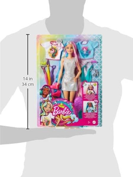 Barbie Fantasy Hair Doll & Accessories, Long Colorful Blonde Hair with Mermaid & Unicorn-Inspired Clothes