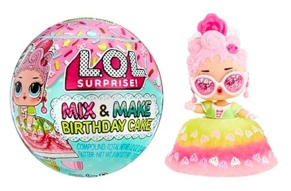 LOL Surprise Mix & Make Birthday Cake Tots with Collectible Doll, DIY Cake Dress, Cake Making and Decorating, Ingredients and Glitter Sprinkles, Cake Dress Doll- Great Gift for Gir