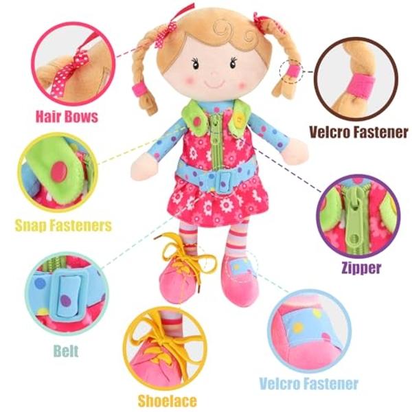 Sugar Snap Plush Doll for Toddlers Learn to Dress Montessori Toy - Dress Me Doll - Zipper, Snaps, Buttons, Buckle, Shoe Tying Practice - Educational Toy for 2 3 Year Old Girl - Mon