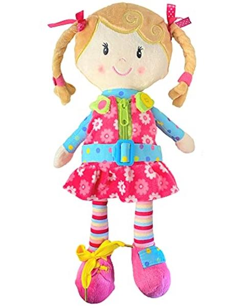 Sugar Snap Plush Doll for Toddlers Learn to Dress Montessori Toy - Dress Me Doll - Zipper, Snaps, Buttons, Buckle, Shoe Tying Practice - Educational Toy for 2 3 Year Old Girl - Mon