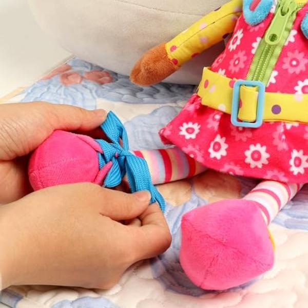 Sugar Snap Plush Doll for Toddlers Learn to Dress Montessori Toy - Dress Me Doll - Zipper, Snaps, Buttons, Buckle, Shoe Tying Practice - Educational Toy for 2 3 Year Old Girl - Mon