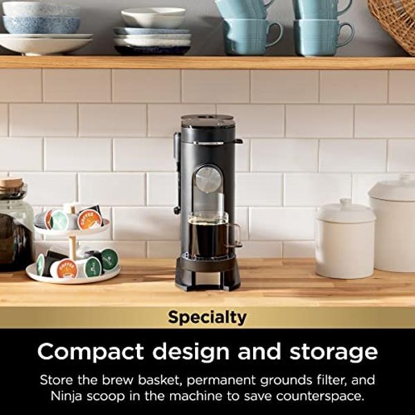 Ninja Pod & Grounds Specialty Single-Serve Coffee Maker, K-Cup Pod Compatible, Brews Grounds, Compact Design, Built-In Milk Frother, 56-oz. Reservoir, 6-oz. Cup to 24-oz. Mug Sizes