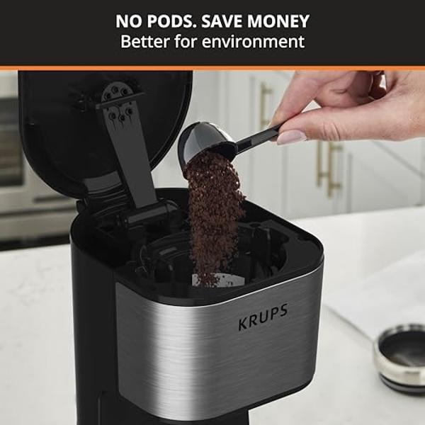 KRUPS: 2 Cup Coffee Maker, Simply Brew Stainless Steel Single Serve Drip Coffee Machine and Travel Tumbler 14 Ounce Stainless Steel Tumbler Included 650 Watts Coffee Filter, Compac