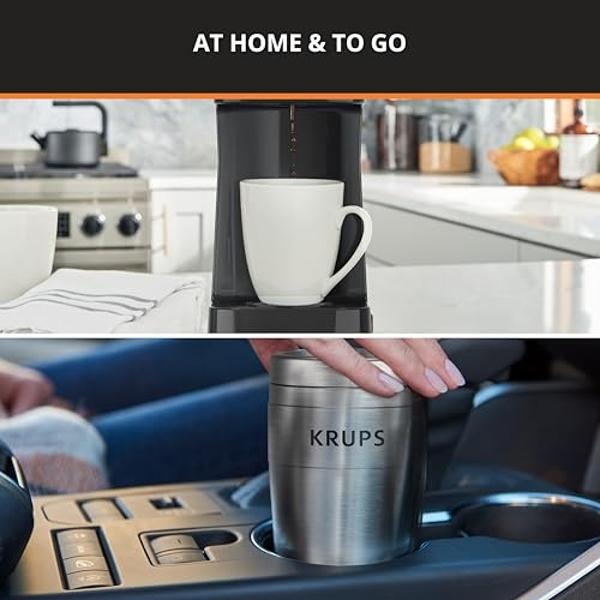 KRUPS: 2 Cup Coffee Maker, Simply Brew Stainless Steel Single Serve Drip Coffee Machine and Travel Tumbler 14 Ounce Stainless Steel Tumbler Included 650 Watts Coffee Filter, Compac