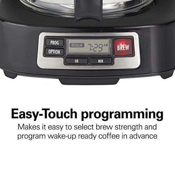 Hamilton Beach 5 Cup Drip Coffee Maker with Easy FrontFill Basket, Compact Design, Programmable Clock, Glass Carafe, Auto Pause and Pour, Black & Stainless Steel (46111)