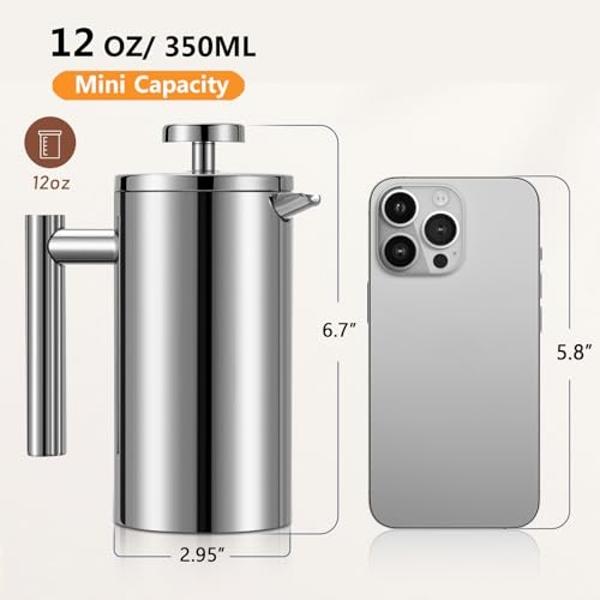 Meelio Small French Press 350ml, Double-Wall Insulated French Press Coffee Press Stainless Steel for travel camping, Single Cup Pour Over Coffee Maker (1 cup, 12 OZ)