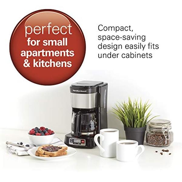 Hamilton Beach 5 Cup Drip Coffee Maker with Easy FrontFill Basket, Compact Design, Programmable Clock, Glass Carafe, Auto Pause and Pour, Black & Stainless Steel (46111)