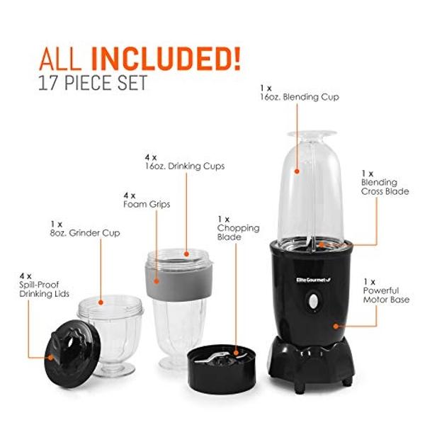 Elite Gourmet EPB-1800A# 17-Piece Personal Drink Mixer Blender, Sports Blender 16 Oz capacity, Includes Chopping and Blending Blade, Drink Lids and Extra Cups