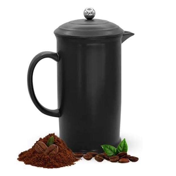 French Press Coffee Maker Stoneware Vintage Cafetiere 34 Ounces Insulated Heat Retention Dishwasher Safe (Black)