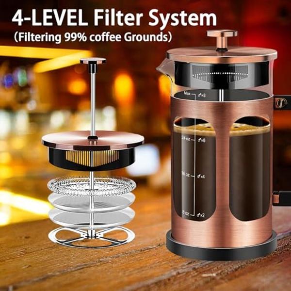 YMMIND French Press Coffee Maker (34oz 1Quart 5-6Cup) Coffee Press, with 4 Filters System, Heat Resistant Thickness Borosilicate Glass, Cold Brew Coffee Tea Pot Gifts (Copper)