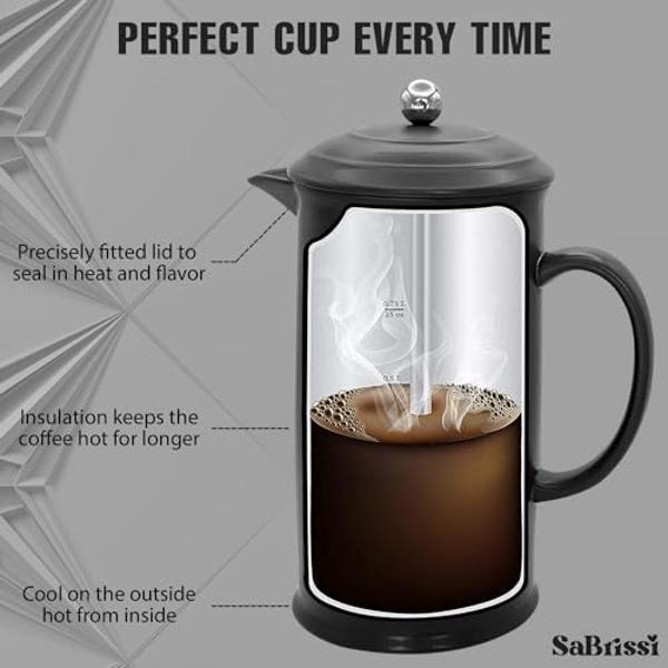 French Press Coffee Maker Stoneware Vintage Cafetiere 34 Ounces Insulated Heat Retention Dishwasher Safe (Black)