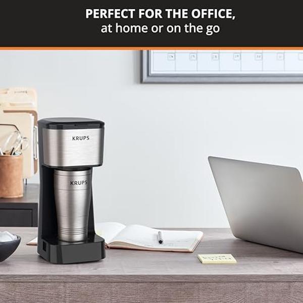 KRUPS: 2 Cup Coffee Maker, Simply Brew Stainless Steel Single Serve Drip Coffee Machine and Travel Tumbler 14 Ounce Stainless Steel Tumbler Included 650 Watts Coffee Filter, Compac