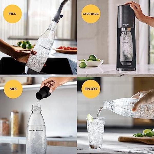 SodaStream Terra Sparkling Water Maker Machine, with 1 Litre Reusable BPA-Free Water Bottle for Carbonating & 60 Litre Quick Connect CO2 Gas Cylinder – Black