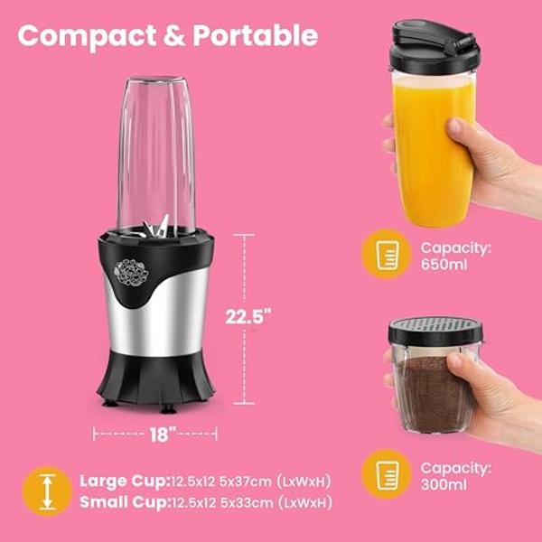 Suavo Smoothie Blender 1100W Portable Personal Blender for Shakes and Smoothies with 2 * 22Oz To-Go Cups & Lids, Includes Portable Coffee Grinder and 10Oz BPA-Free Travel Cup Count
