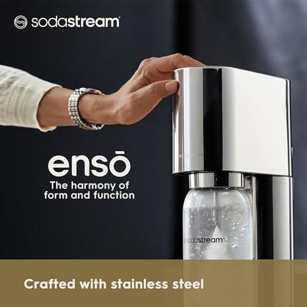 Sodastream - Enso Sparkling Water Maker | STARTER KIT | CQC CO2 System | Includes 1x CO2 Cylinder, 1x 32 Fl Oz Dishwasher Safe Bottle | Stainless Steel, designed by Naoto Fukasawa 
