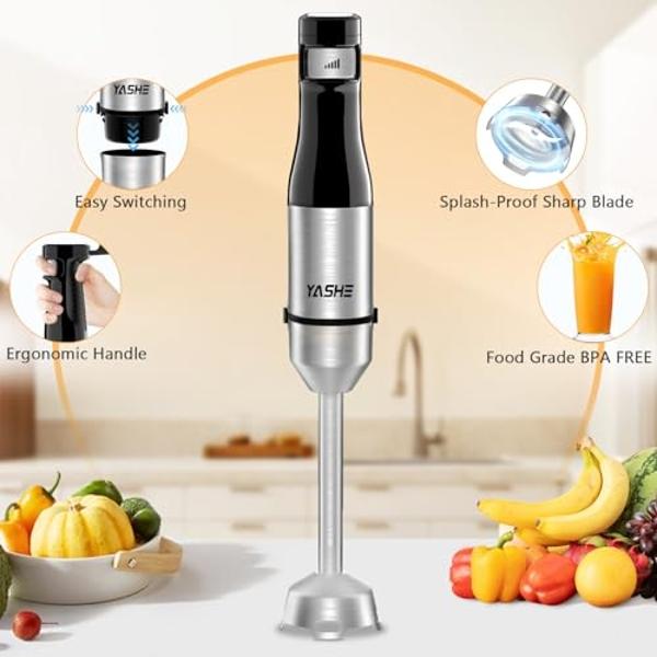 YASHE Immersion Blender Handheld, 5 in 1 Hand Blender, Continuously Variable Speed, Stainless Steel Stick, Powerful Motor, Emulsion Blender with Chopper, Whisk and Milk Frother for